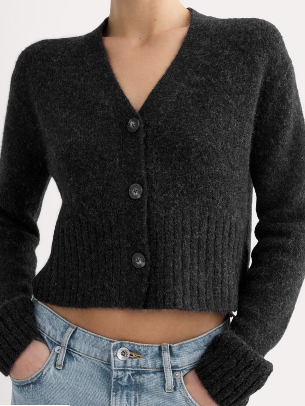 NWT! Everlane High V Neck Cropped Cardigan in Alpaca Heather Black Size XS